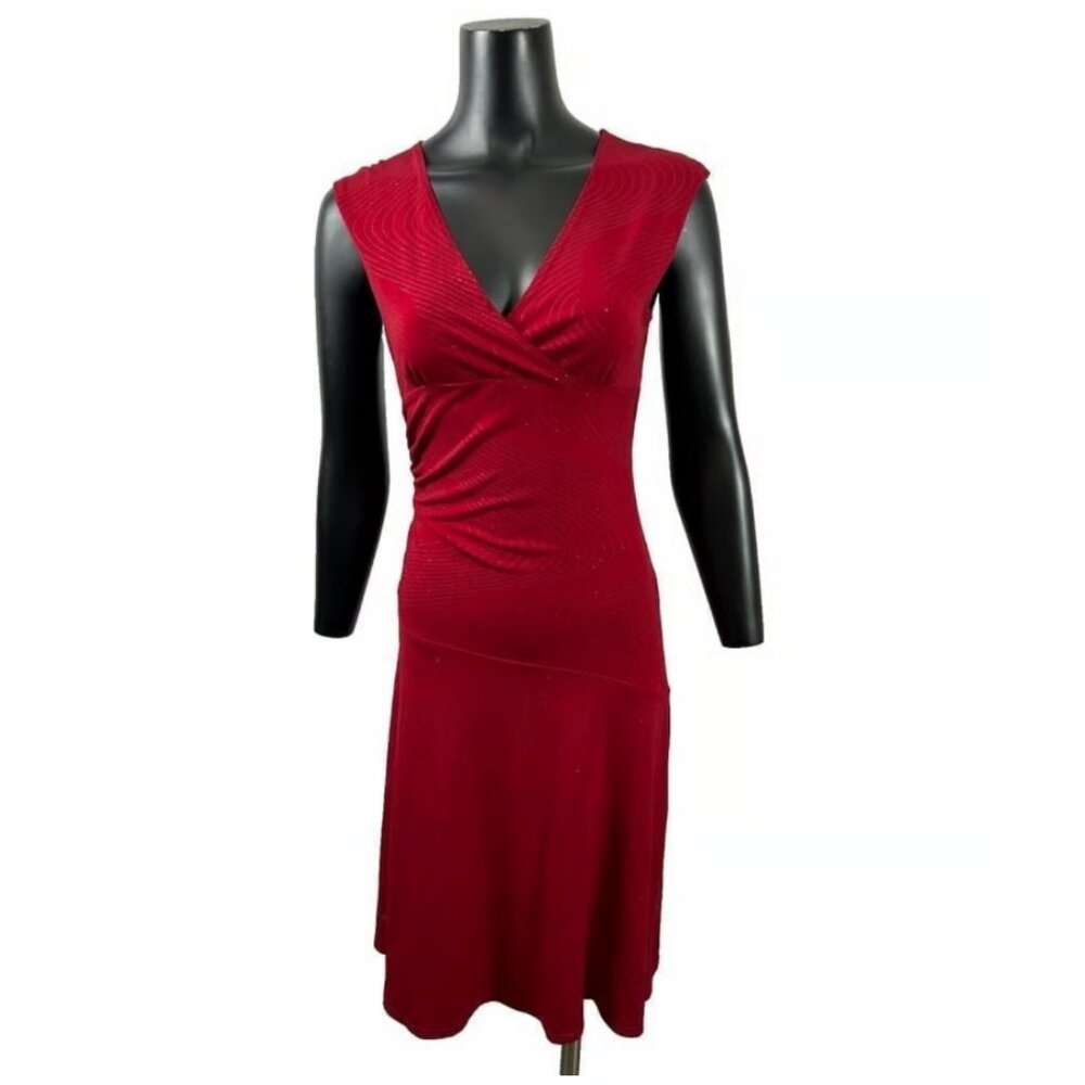 Byer Too! Y2K Sleeveless V-neck Ruched Knee Length Stretch Wrap Dress, L, Red